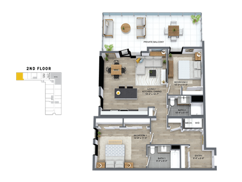 Floor plan for 2 beds, 2 baths, 1180 sqft